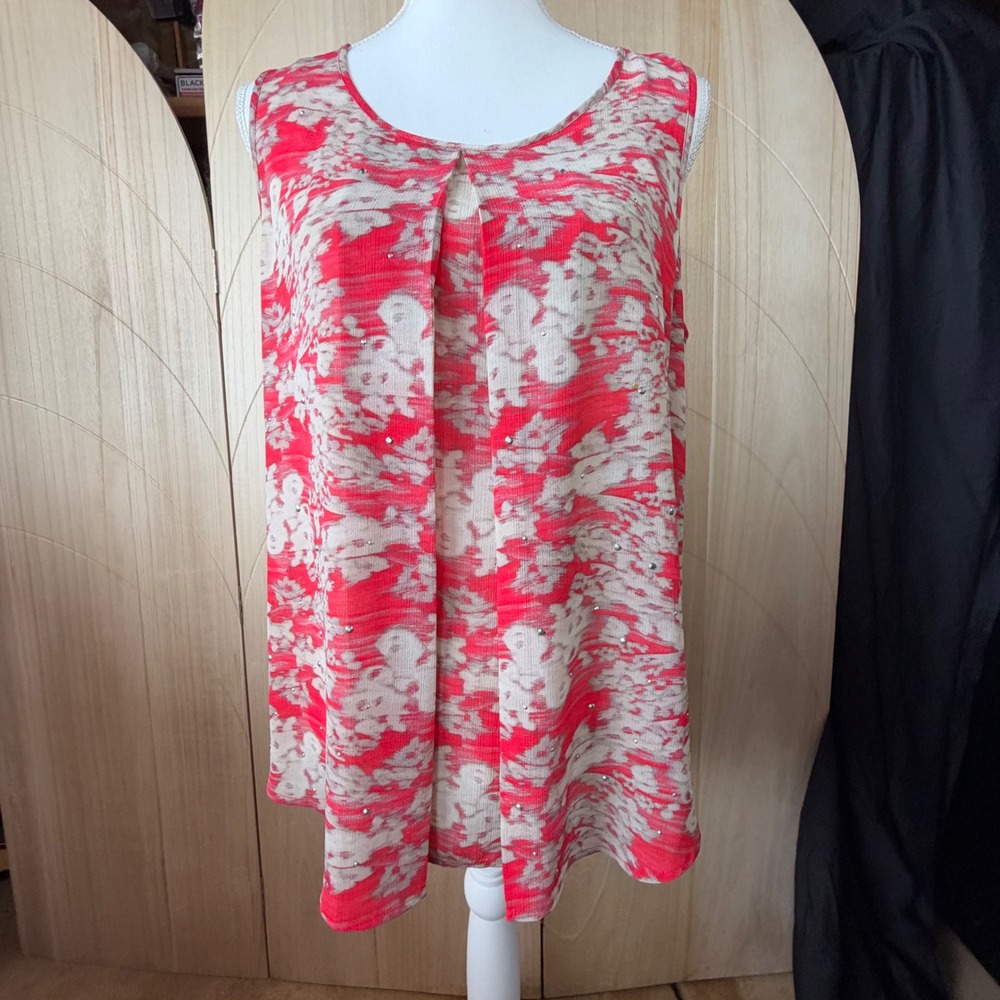 Juicy Couture Sleeveless Top XL Red Floral Rhinestone Pleated Casual Glam Y2K